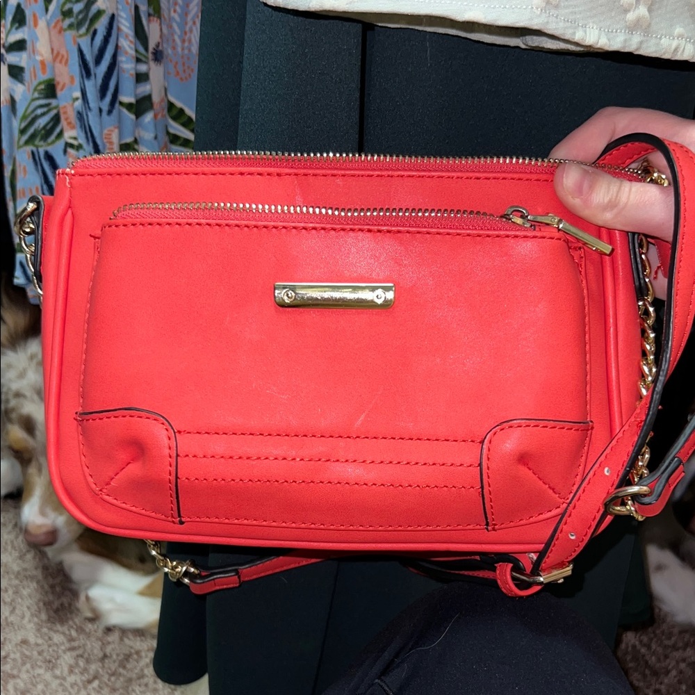 Vibrant Coral Crossbody Bag with Gold Accents